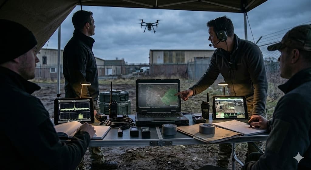 Field training exercise with tactical drone surveillance