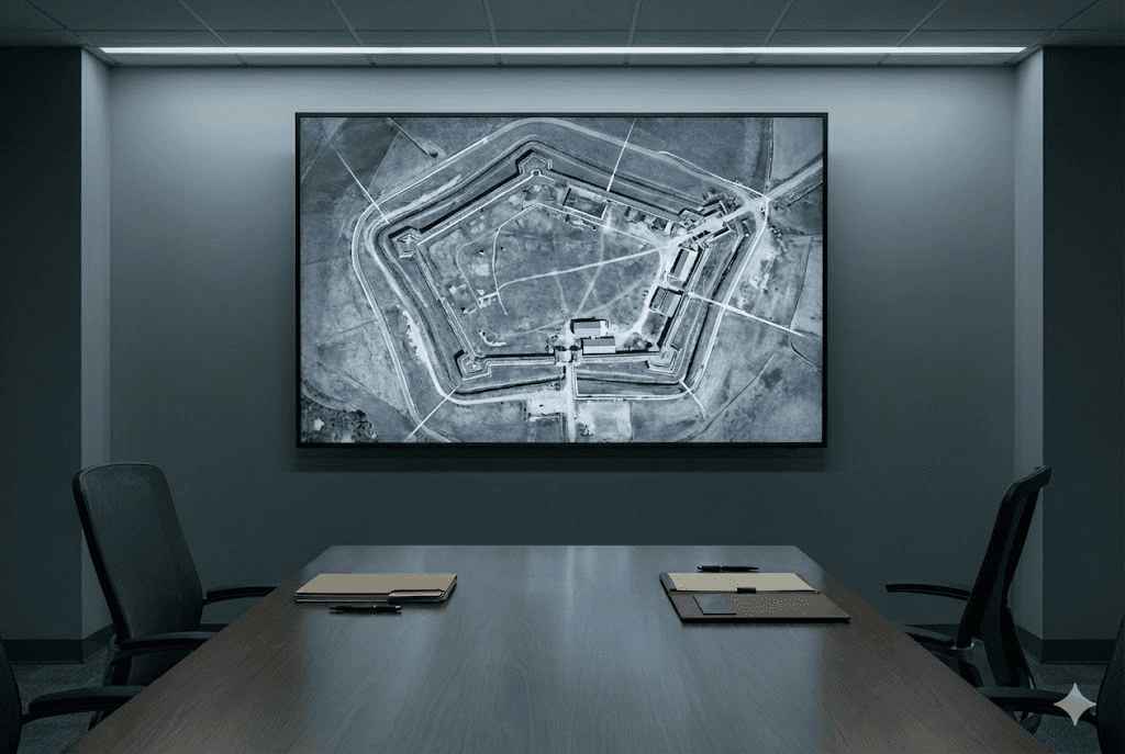 Strategic command room with tactical planning on screens